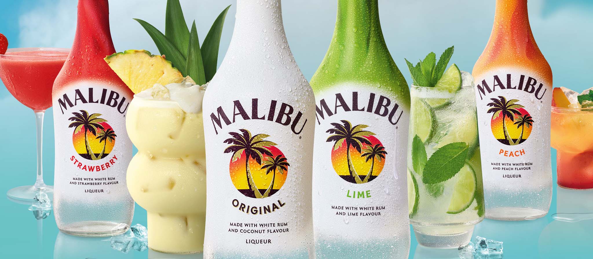 Four Malibu bottles with four drinks