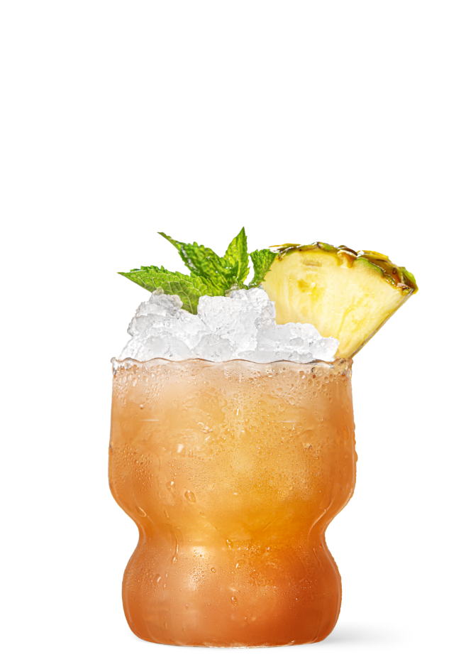Malibu Black Bahama Mama garnished with a pineapple wedge and mint sprig in front of a transparent background