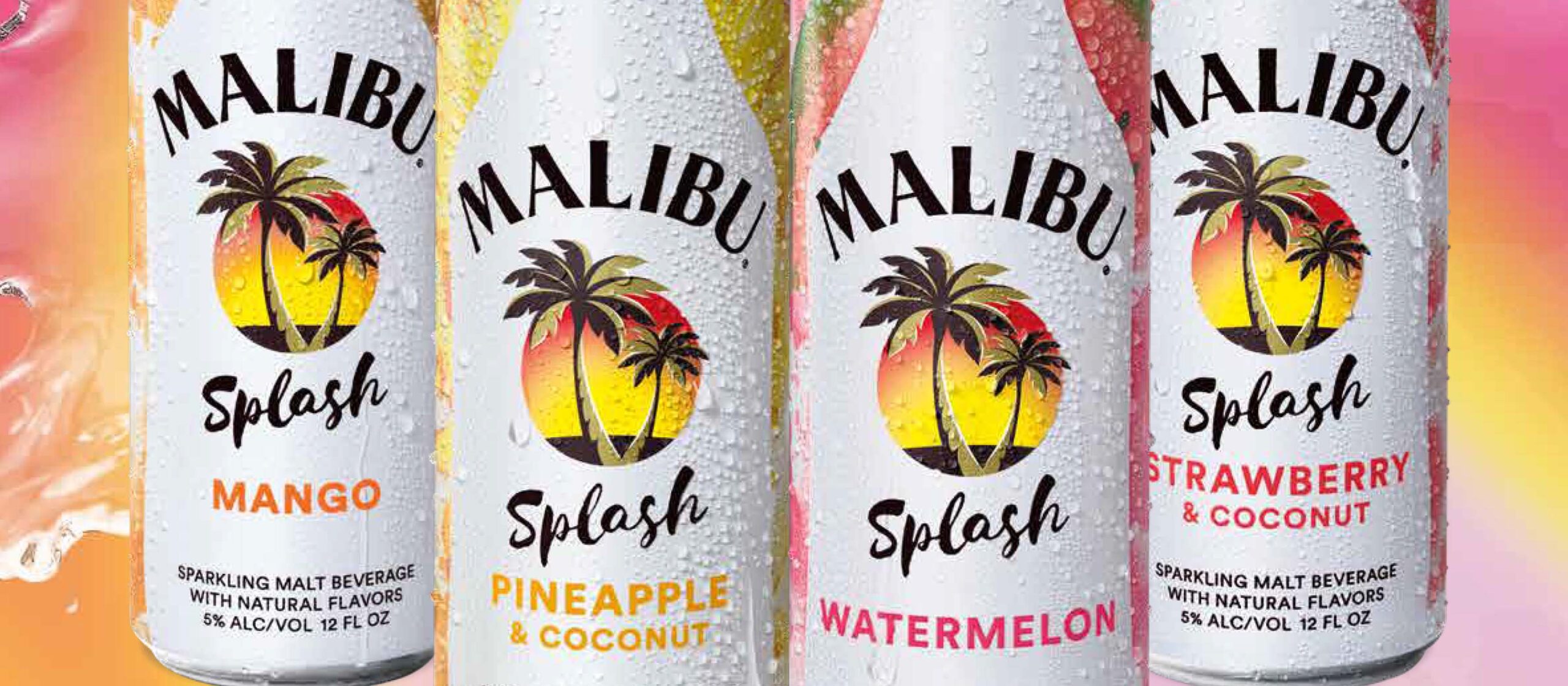 Close up image of 4 malibu splash cans against a colourful gradient background