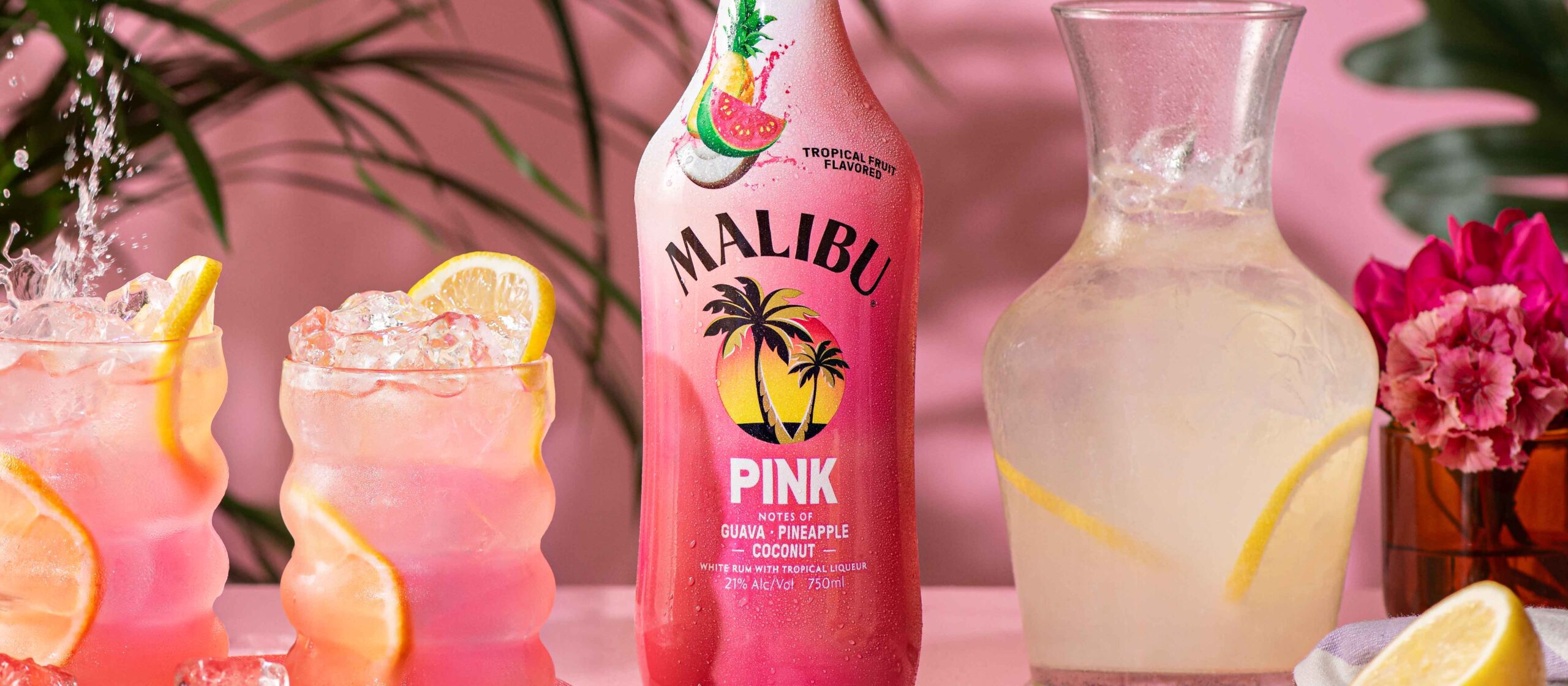 Malibu pink bottle with drinks and lemonade jug