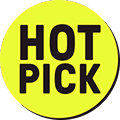 Hot pick text overlapped on a neon circle sticker